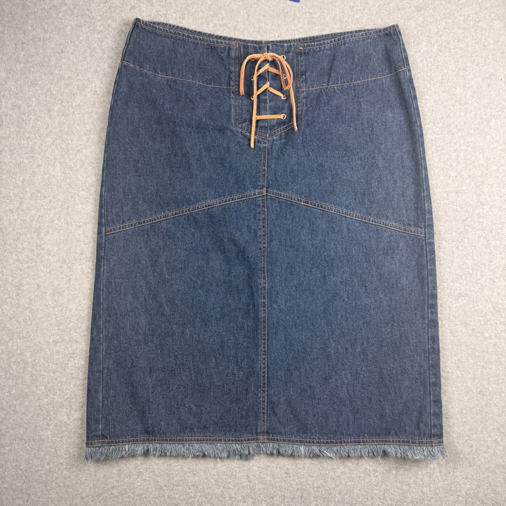 Vintage Y2K Denim Skirt Womens 11/12 Lace Up Frayed Hem Western Gypsy Jeans 90s